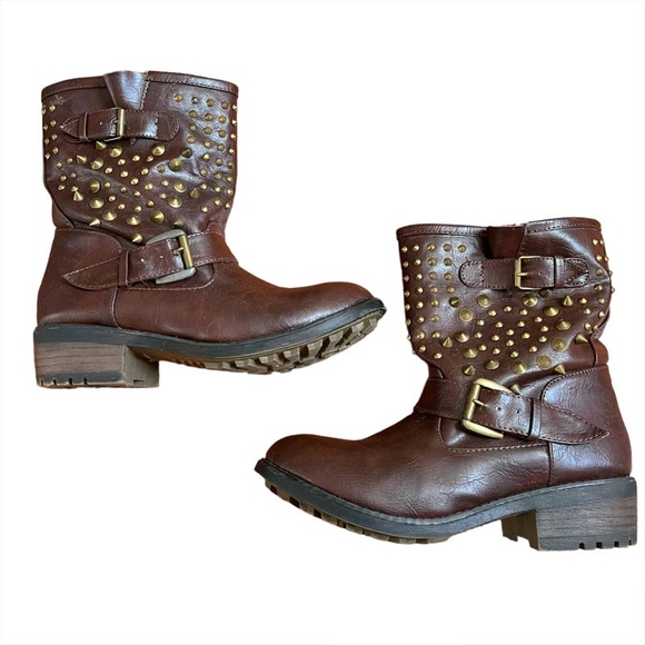 Brown Studded Ankle Biker Boots - Picture 1 of 6